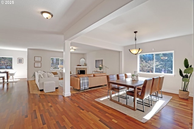 dining area featuring hardwood / wood-style floors and a fireplace