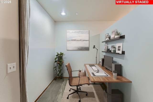 office area featuring recessed lighting and baseboards