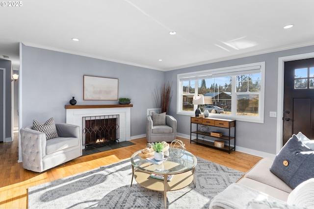 living room with wood-type flooring, ornamental molding, and a fireplace