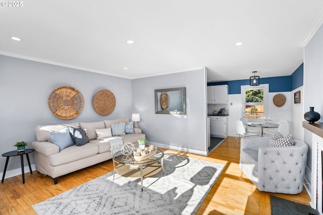 living room with ornamental molding and light hardwood / wood-style floors