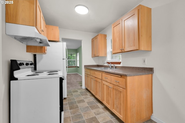 12813 Village Rd Unit 12, Swisshome, OR 97480 - kitchen featuring white electric range oven, baseboards, a sink, under cabinet range hood, and dark countertops