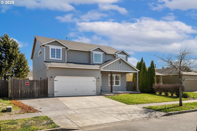 traditional-style home featuring a garage, concrete driveway, fence, a porch, and board and batten siding