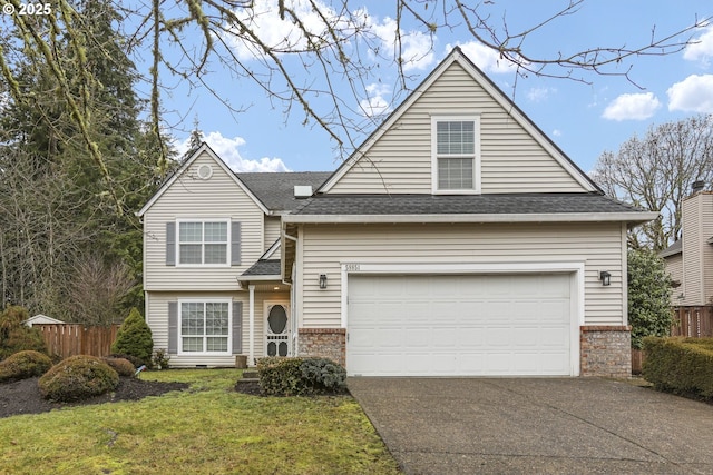 traditional-style home with aphalt driveway, a shingled roof, brick siding, fence, and a front lawn