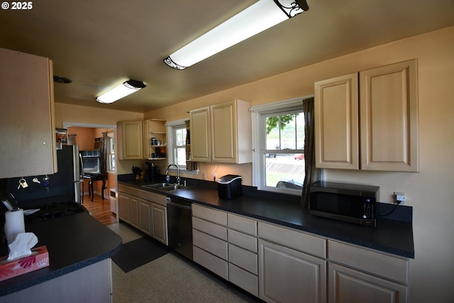 719 W 11th St, The Dalles, OR 97058 - kitchen featuring a wealth of natural light, a sink, stainless steel microwave, dishwashing machine, and dark countertops
