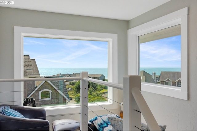 interior space featuring a water view