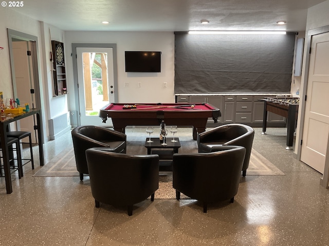 game room featuring billiards, recessed lighting, and speckled floor