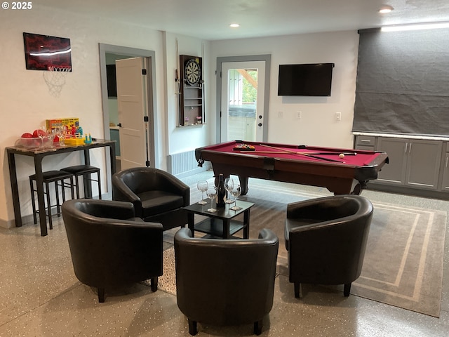 playroom featuring recessed lighting, pool table, and speckled floor