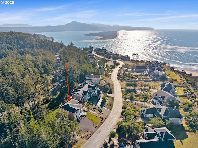birds eye view of property featuring a water and mountain view