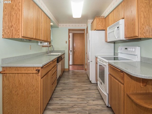 19838 NE Wasco St, Portland, OR 97230 - kitchen featuring white appliances, wood finished floors, light countertops, and open shelves