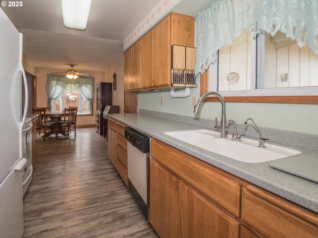 19838 NE Wasco St, Portland, OR 97230 - kitchen with dishwashing machine, brown cabinetry, light countertops, ceiling fan, and dark wood-style floors