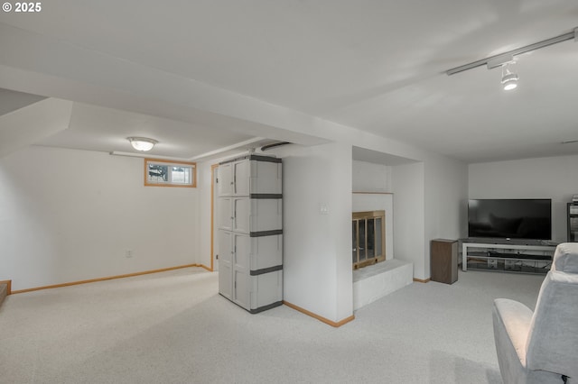 carpeted living room featuring a fireplace and rail lighting