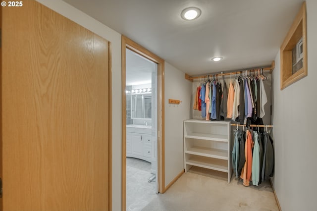 spacious closet with sink and light colored carpet