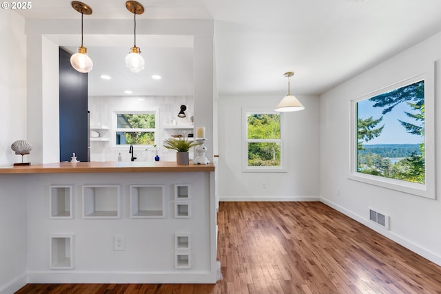 kitchen with visible vents, baseboards, plenty of natural light, and wood finished floors