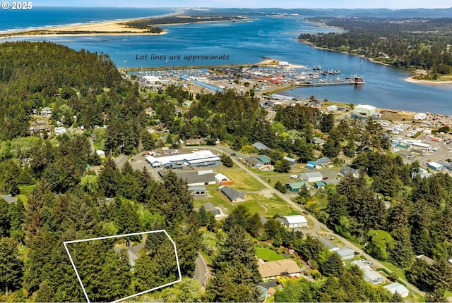 drone / aerial view featuring a water view and a wooded view