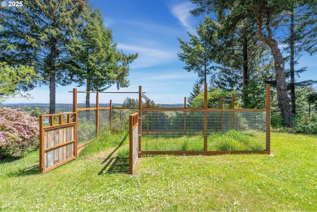 view of gate featuring fence and a yard