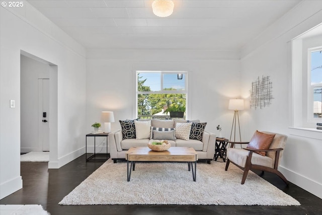 living room with dark hardwood / wood-style flooring and a wealth of natural light