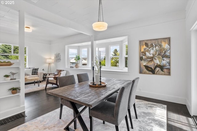 dining room featuring built in shelves, dark hardwood / wood-style floors, and beamed ceiling