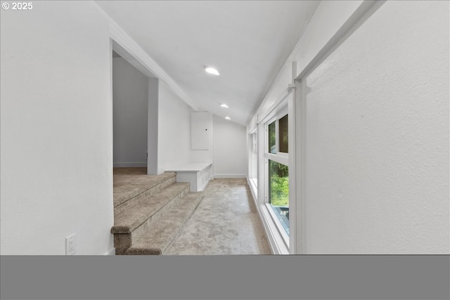 corridor featuring lofted ceiling and light carpet