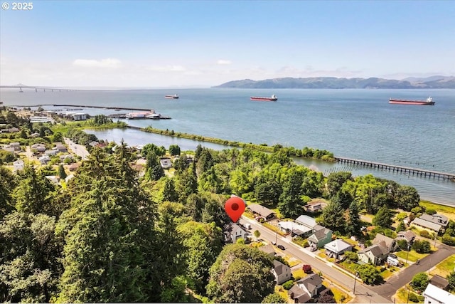 drone / aerial view with a water and mountain view