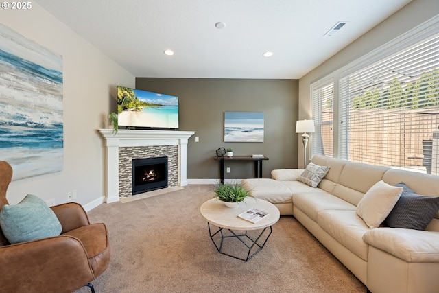 17007 NW Reuben Ln, Portland, OR 97229 - living area featuring carpet, recessed lighting, and a stone fireplace
