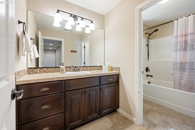 17007 NW Reuben Ln, Portland, OR 97229 - bathroom featuring vanity, shower / bath combo, tile patterned flooring, and tasteful backsplash