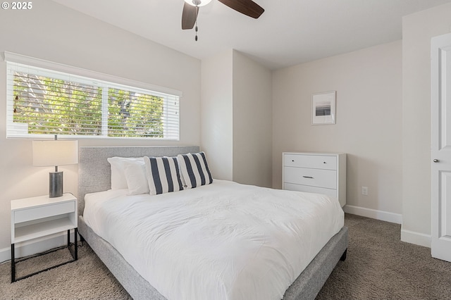 bedroom featuring a ceiling fan, baseboards, and carpet flooring