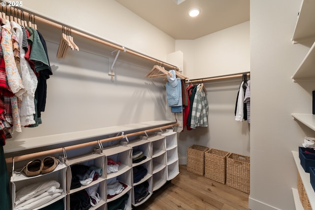 walk in closet with hardwood / wood-style floors