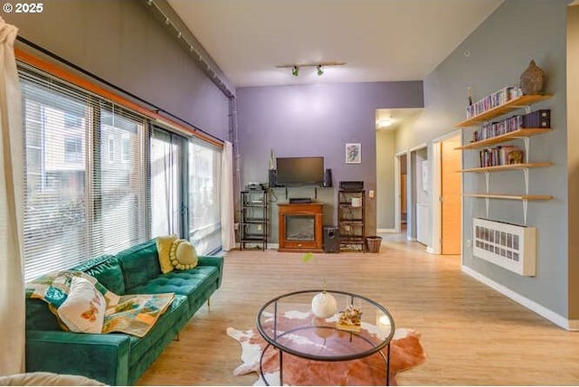 living room with light wood-type flooring, heating unit, and rail lighting