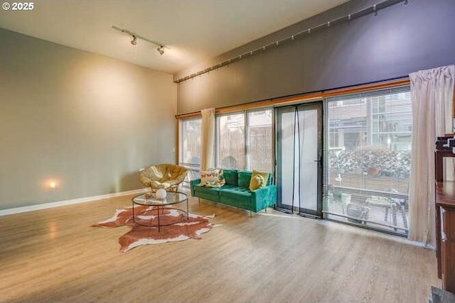 sitting room with rail lighting and hardwood / wood-style floors