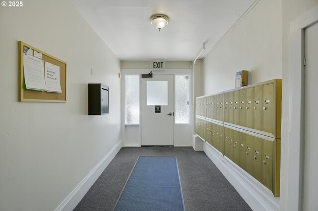 doorway with baseboards, carpet, and mail area
