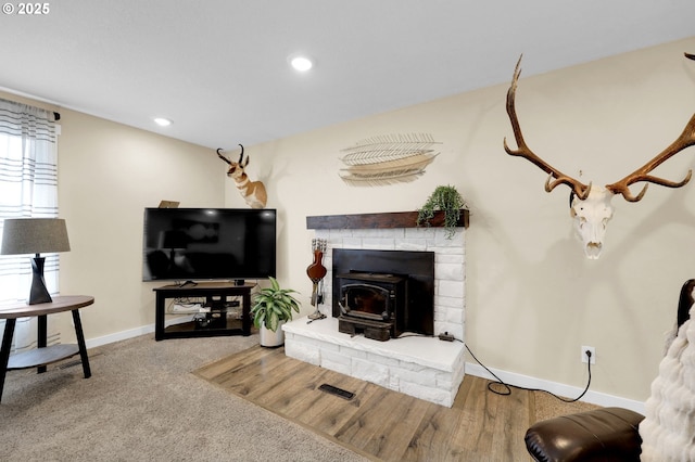 1808 S 4th St, Cottage Grove, OR 97424 - living room with a wood stove, baseboards, and recessed lighting