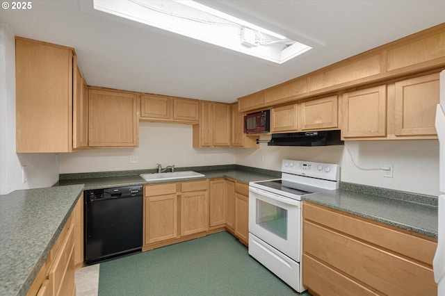 7817 N Washburne Ave, Portland, OR 97217 - kitchen featuring light brown cabinetry, a sink, dishwasher, white range with electric cooktop, and under cabinet range hood