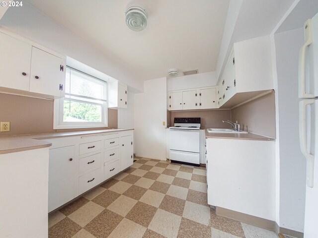 51055109 SE Tibbetts St, Portland, OR 97206 - kitchen featuring electric range, light floors, white cabinetry, and a sink