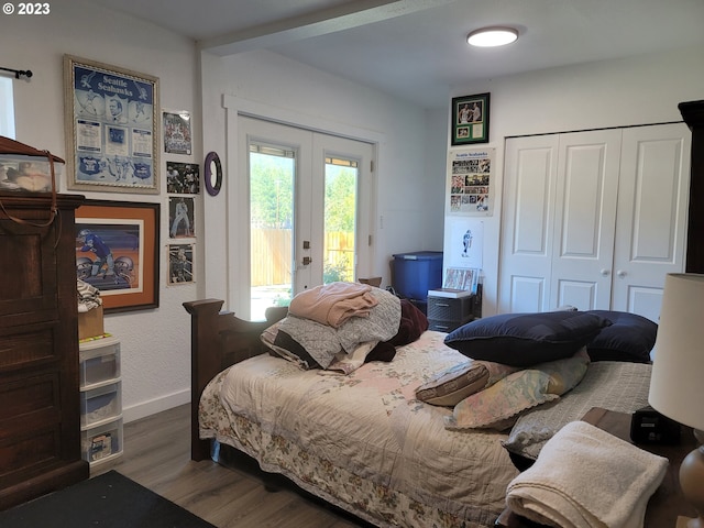 130 Aker Dr, Myrtle Creek, OR 97457 - bedroom with access to outside, wood finished floors, baseboards, a closet, and french doors
