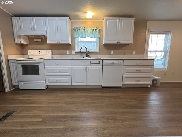 kitchen featuring white appliances, plenty of natural light, visible vents, and a sink