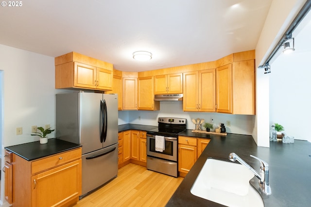 1379 Tucker Rd, Hood River, OR 97031 - kitchen with stainless steel appliances, under cabinet range hood, a sink, and dark countertops