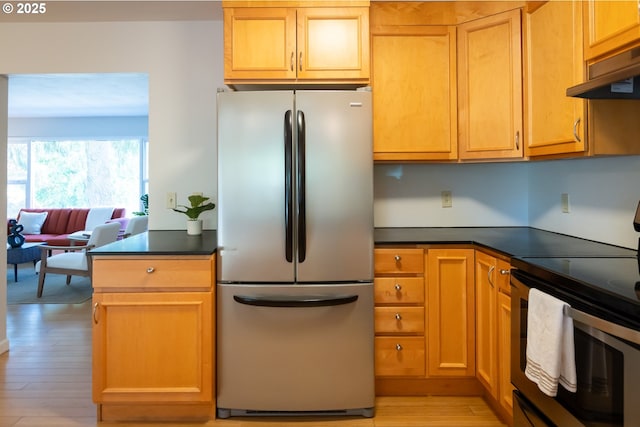 1379 Tucker Rd, Hood River, OR 97031 - kitchen featuring stainless steel appliances, under cabinet range hood, dark countertops, and light wood-style floors