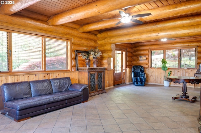 34643 Mountain View Pl NE, Albany, OR 97322 - living room featuring wood ceiling with exposed beams, a ceiling fan, and wood walls