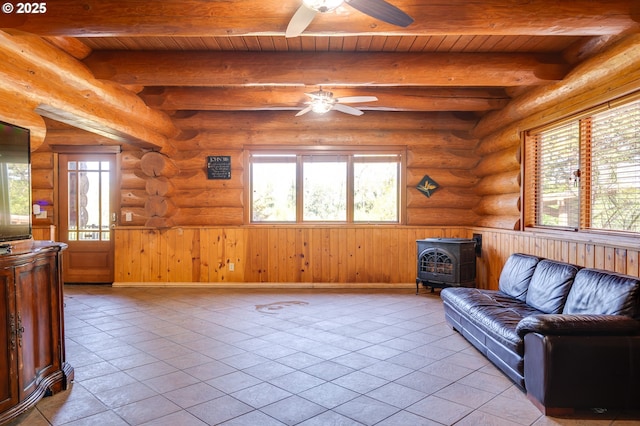 34643 Mountain View Pl NE, Albany, OR 97322 - sitting room featuring wood ceiling with exposed beams, a wood stove, ceiling fan, healthy amount of natural light, and light tile patterned floors