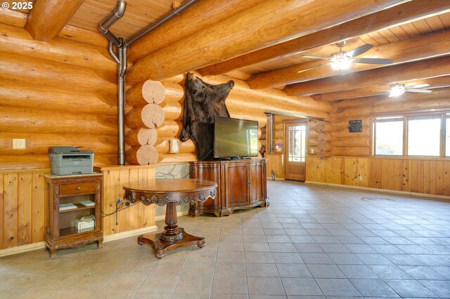 34643 Mountain View Pl NE, Albany, OR 97322 - tiled living area with wood ceiling with exposed beams, plenty of natural light, ceiling fan, baseboards, and rustic walls