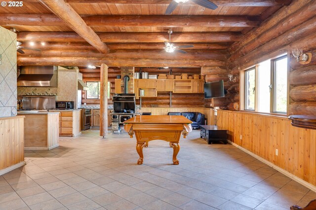 34643 Mountain View Pl NE, Albany, OR 97322 - game room with wooden ceiling with exposed beams, ceiling fan, log walls, healthy amount of natural light, and a wood stove