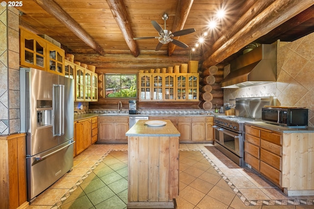 34643 Mountain View Pl NE, Albany, OR 97322 - kitchen featuring premium appliances, inlaid floor details, log walls, wooden ceiling with exposed beams, and light tile patterned floors