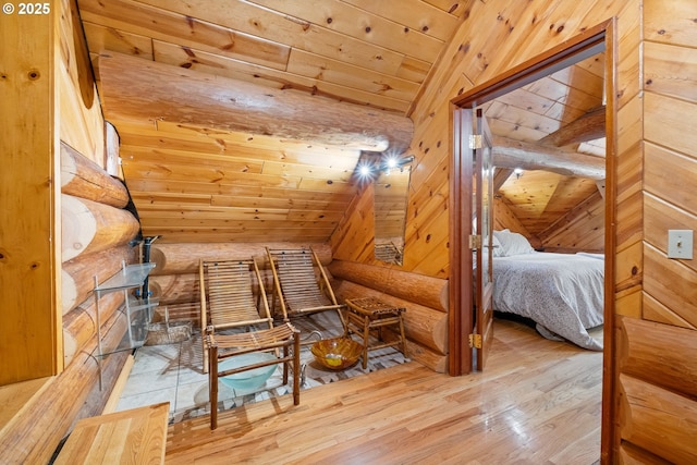34643 Mountain View Pl NE, Albany, OR 97322 - bedroom with hardwood / wood-style flooring, lofted ceiling, rustic walls, and wood ceiling