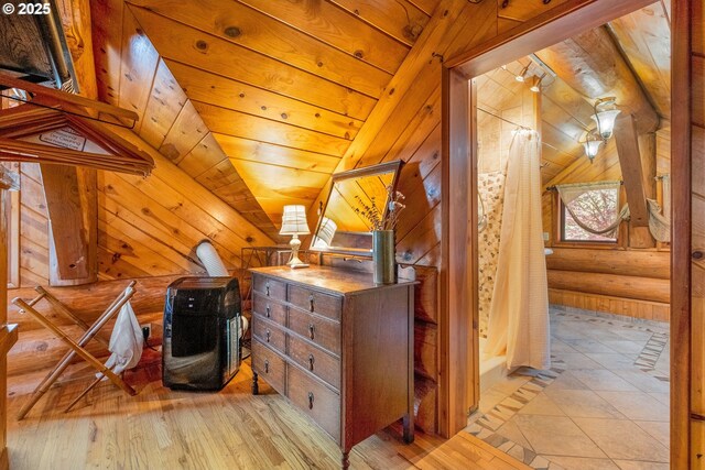 34643 Mountain View Pl NE, Albany, OR 97322 - interior space with lofted ceiling, wooden walls, and hardwood / wood-style floors