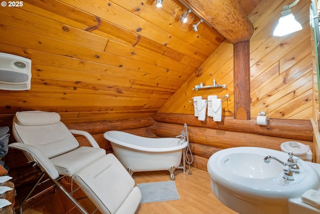 34643 Mountain View Pl NE, Albany, OR 97322 - full bathroom with a soaking tub, wood finished floors, vaulted ceiling, a sink, and wooden ceiling