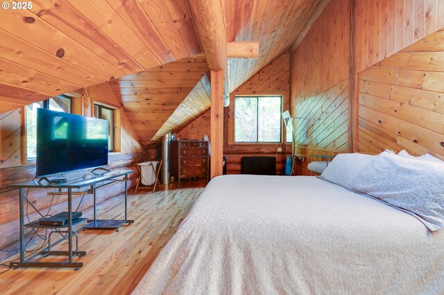34643 Mountain View Pl NE, Albany, OR 97322 - bedroom with vaulted ceiling, wood walls, wood ceiling, and wood-type flooring