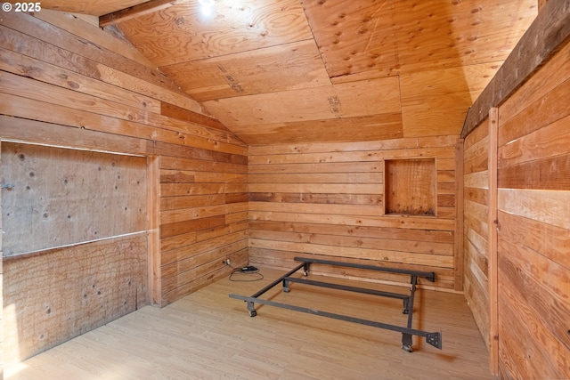 34643 Mountain View Pl NE, Albany, OR 97322 - exercise room with lofted ceiling, wood finished floors, wood walls, and wood ceiling