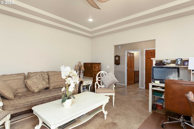 living area with recessed lighting and a ceiling fan