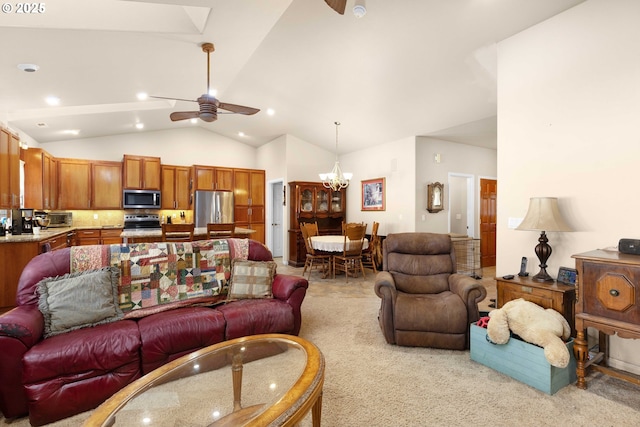 living room featuring a toaster, recessed lighting, vaulted ceiling, ceiling fan with notable chandelier, and light colored carpet