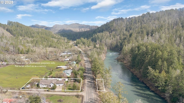 bird's eye view featuring a forest view and a water and mountain view